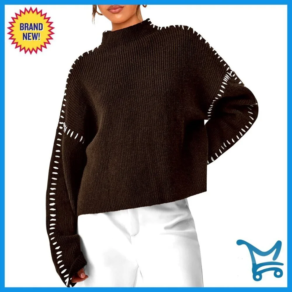 Chunky Knit Mock Neck Oversized Pullover Sweater Fall Winter Fashion Tops
